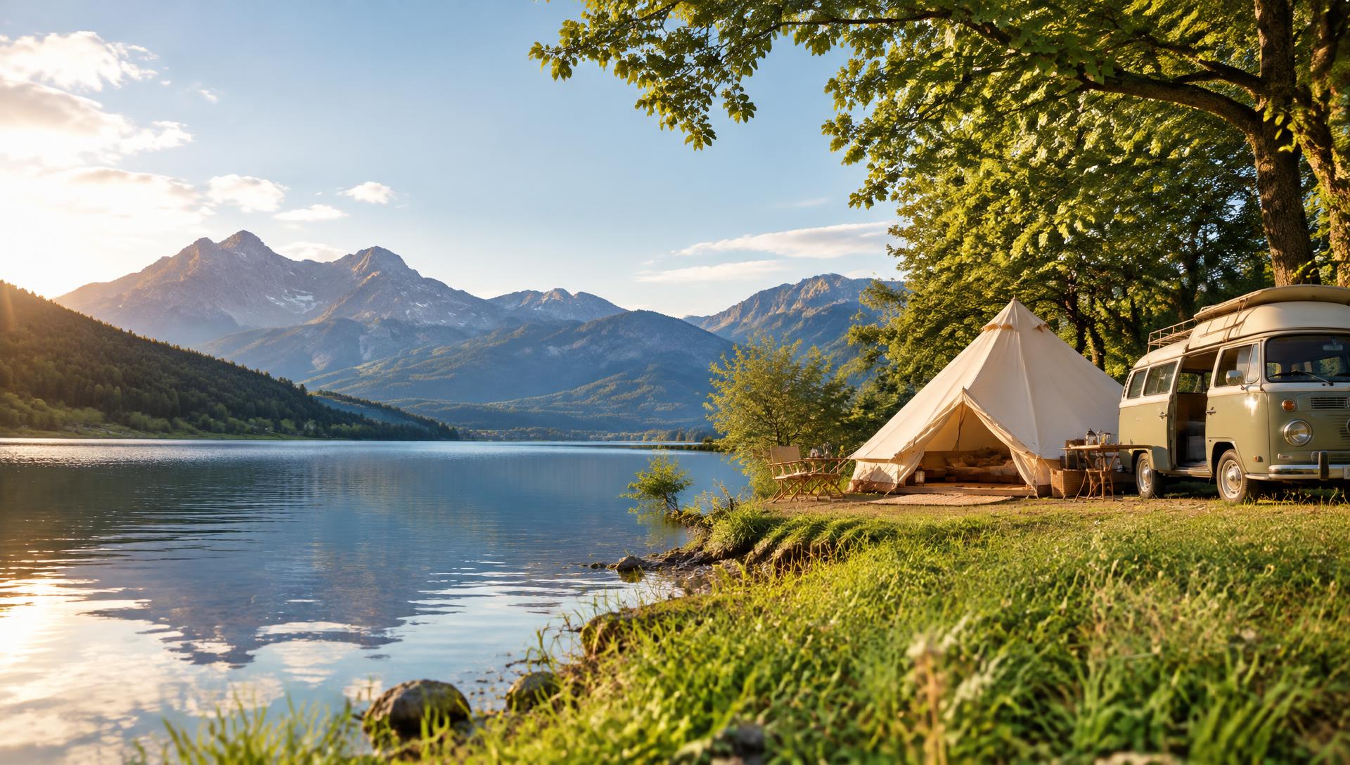 Golden-hour views over a lakeside campsite with a campervan and glamping tent